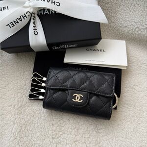 Auth BNIB Chanel Black Caviar 4 Ring Key Holder w/ Light Gold hdw